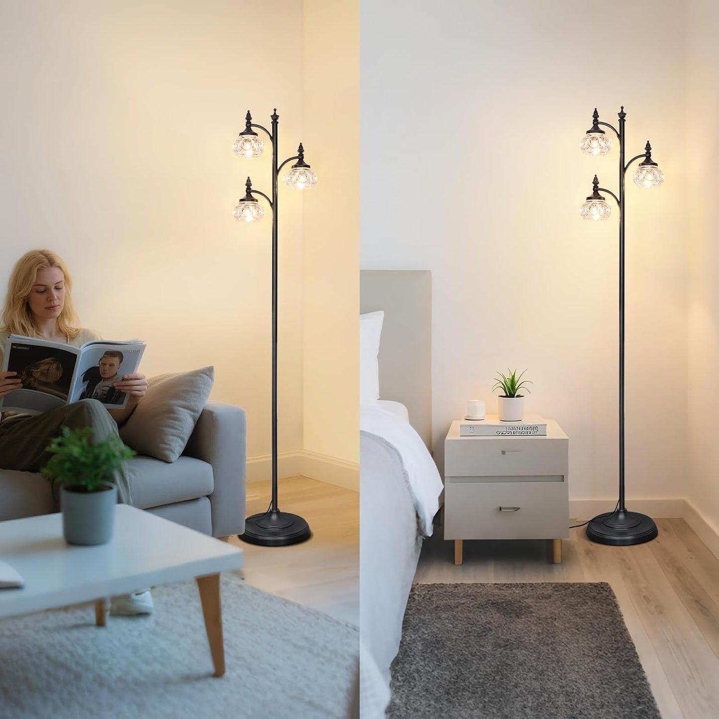 GoFurnitureHub 66.5" Black Tree Floor Lamp with 3 Adjustable Glass Lights