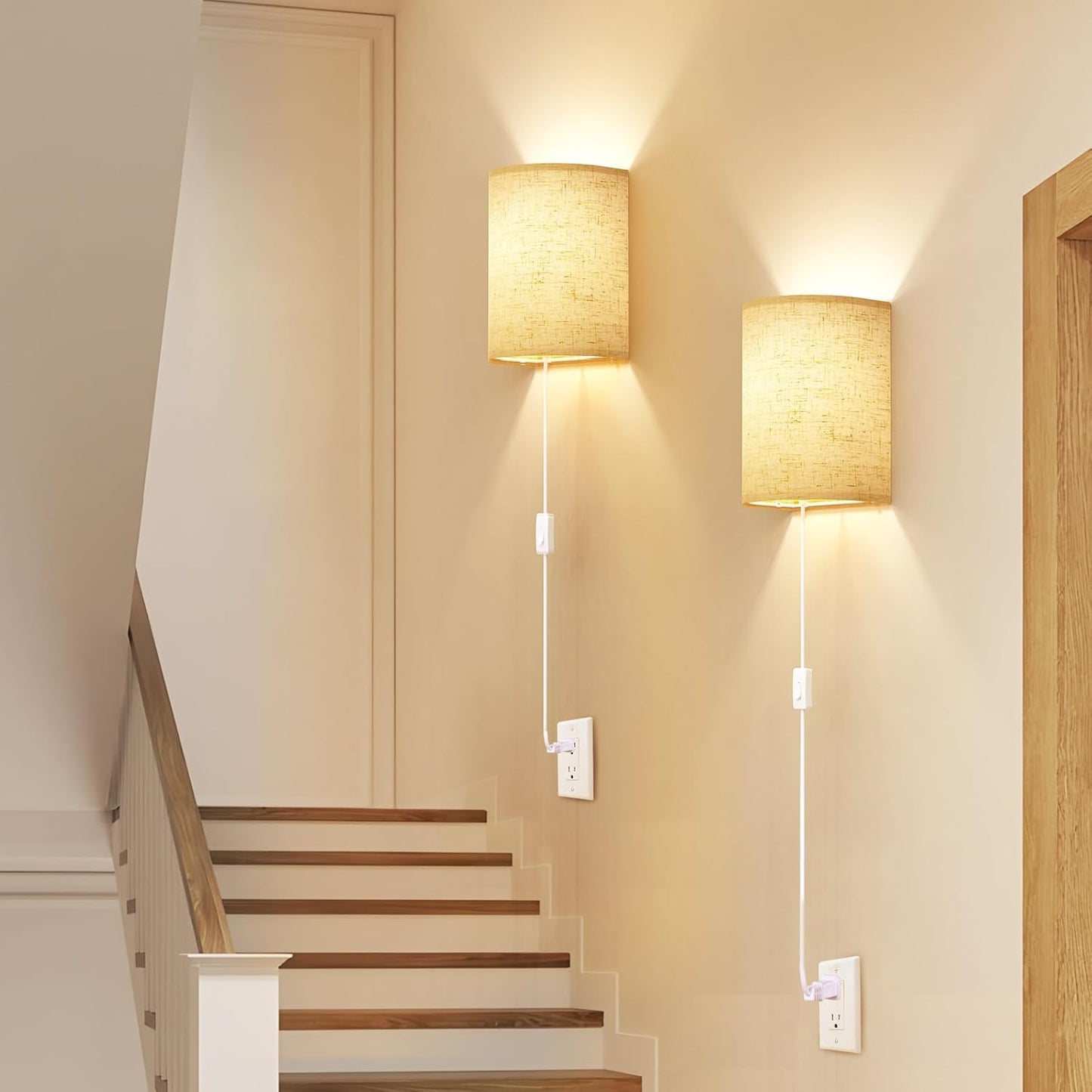 GoFurnitureHub Plug-In Wall Sconces with Linen Shades – Set of 2
