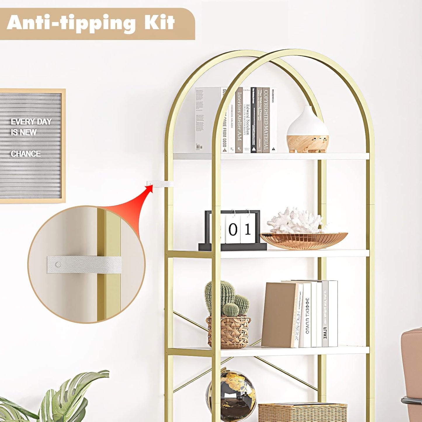 GoFurnitureHub 5-Tier Arched Bookshelf – White & Gold Modern Metal Display Bookcase for Living Room & Home Office