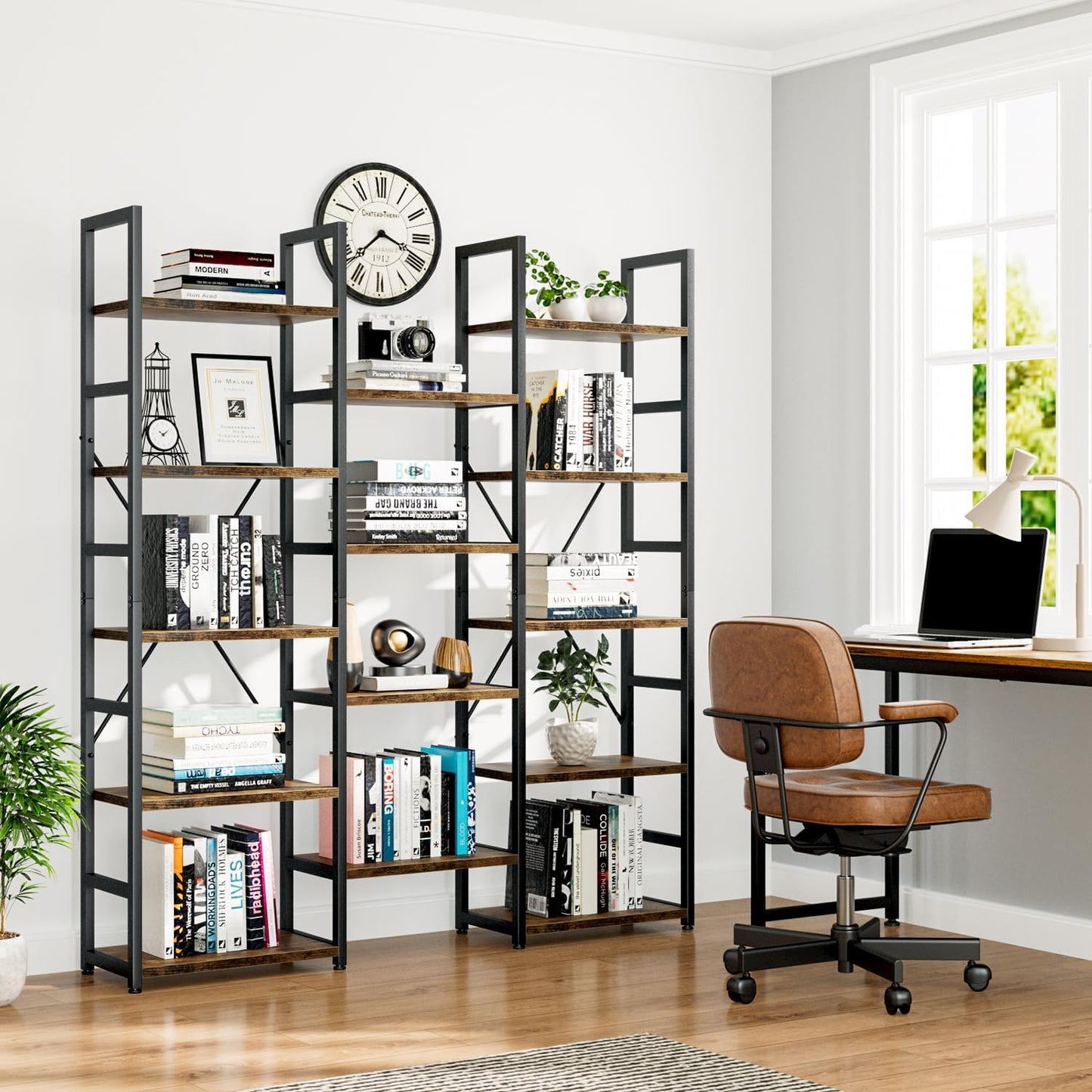 GoFurnitureHub Triple Column 5-Tier Bookcase – 14-Shelf Rustic Industrial Storage Bookshelf, Vintage