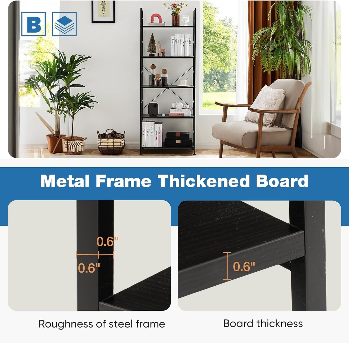 GoFurnitureHub 5-Tier Open Bookcase – Modern Freestanding Display Shelf, Black