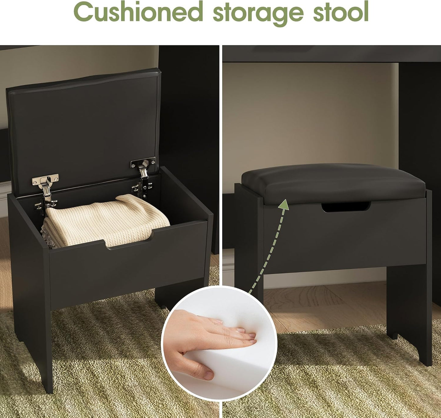 GoFurnitureHub Small Black Vanity Desk with LED Mirror, Storage Chair & Power Outlet – Makeup Vanity Set with Adjustable Lights