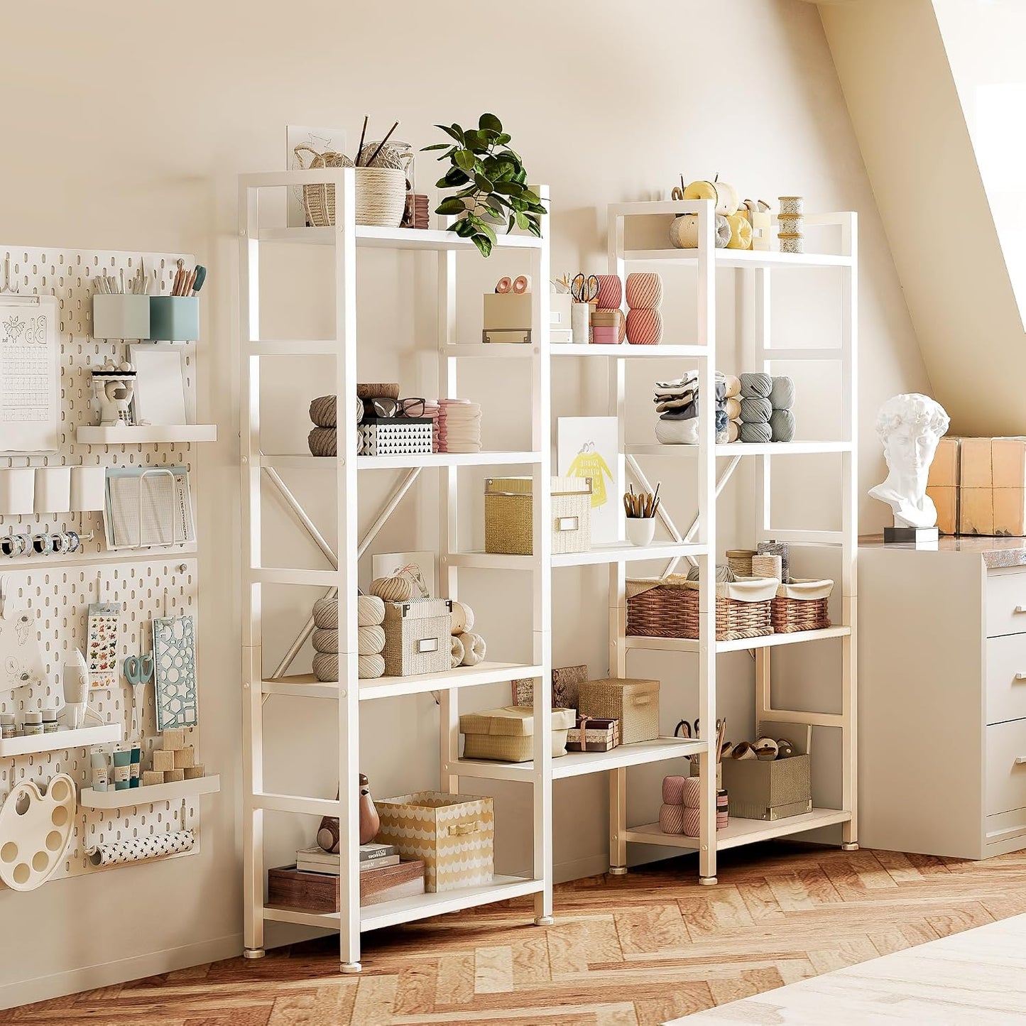GoFurnitureHub 4-Tier Triple Bookshelf – Wide 11-Shelf White Bookcase for Home & Office