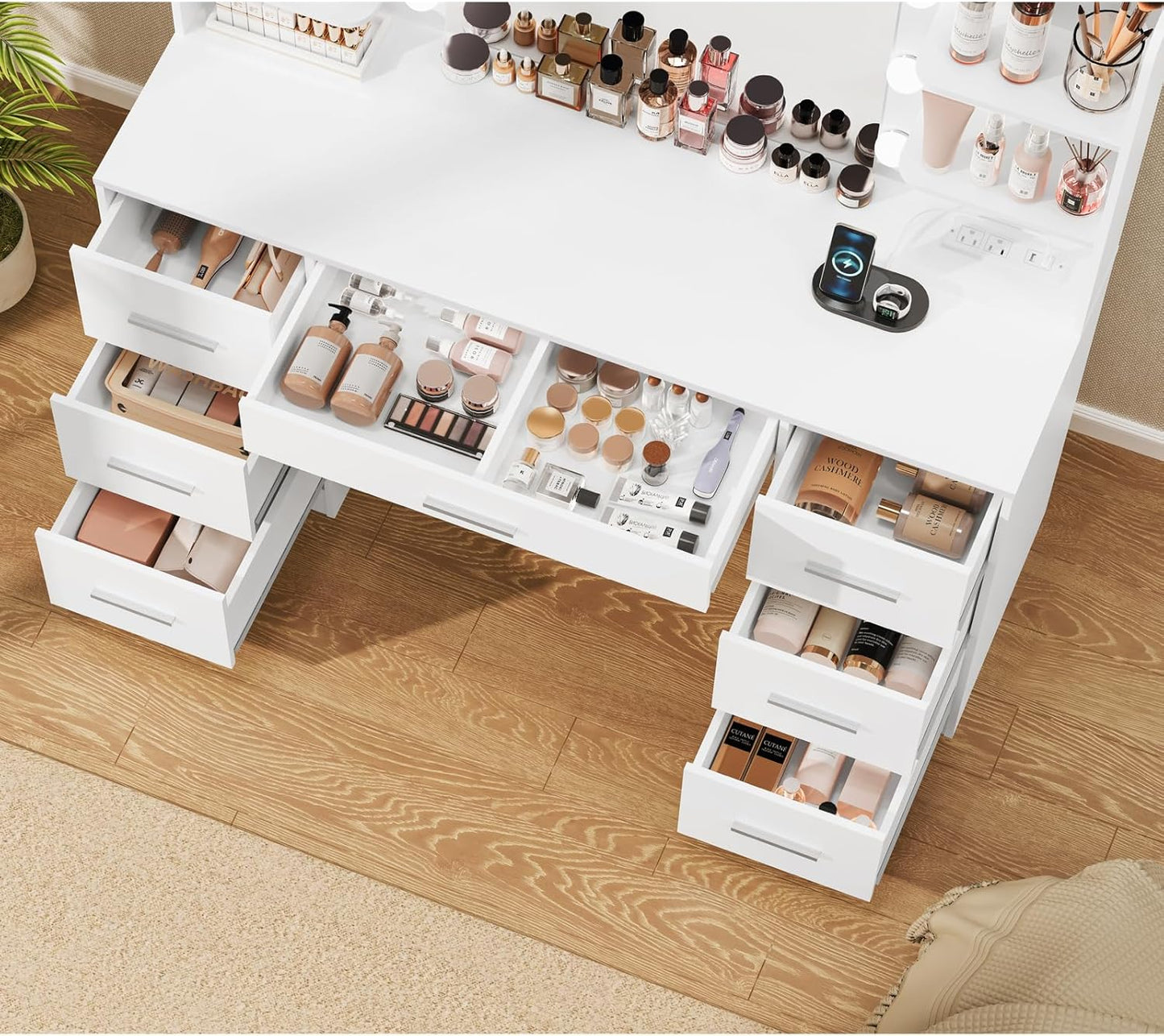 GoFurnitureHub Large White Vanity Desk with LED Mirror & Power Outlet – Makeup Table with 7 Drawers, 4 Shelves & 5 Hooks