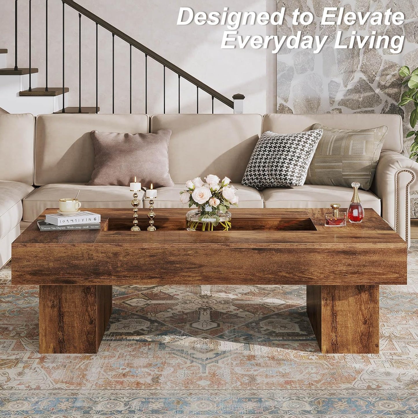 GoFurnitureHub 47.2" Rustic Coffee Table Modern Wood Center Table with LED Lighting & Storage, Rustic Brown