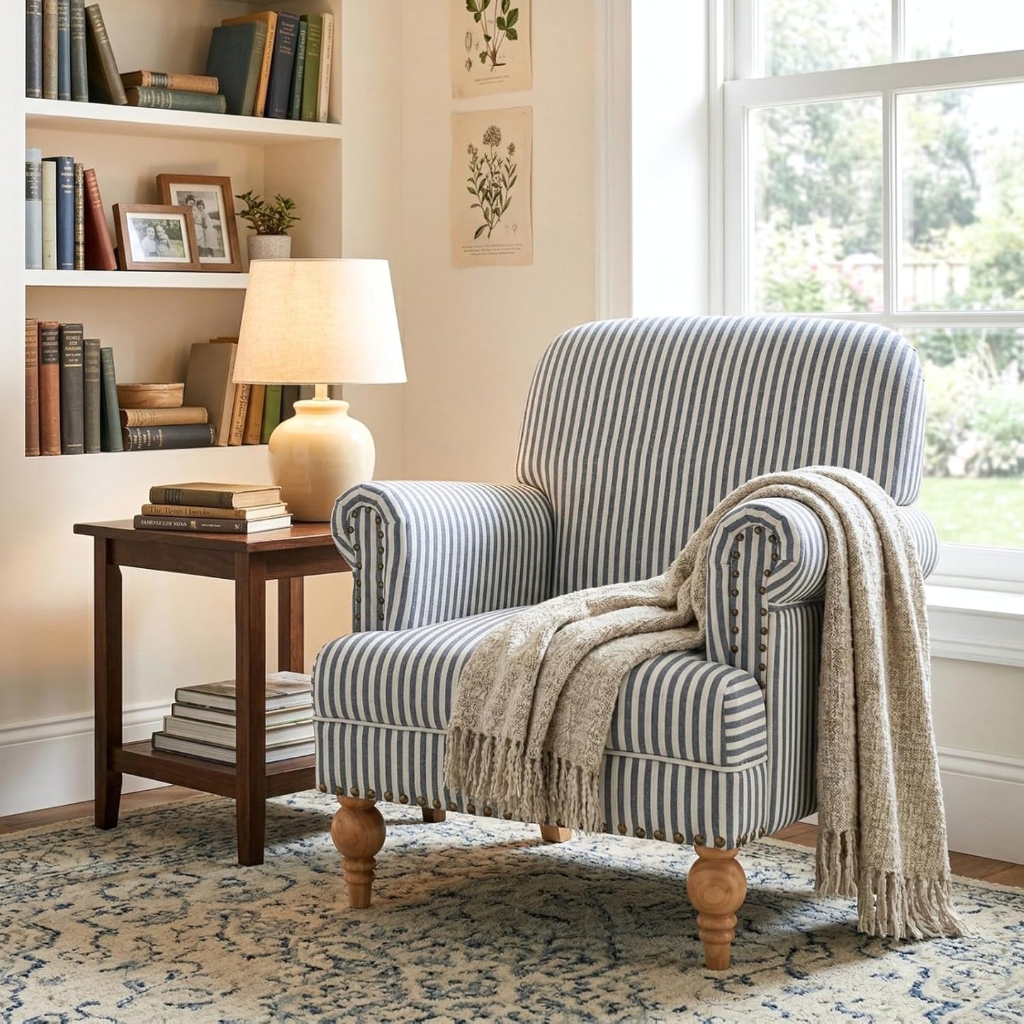 GoFurnitureHub Blue Striped Linen Accent Chair with Turned Wood Legs