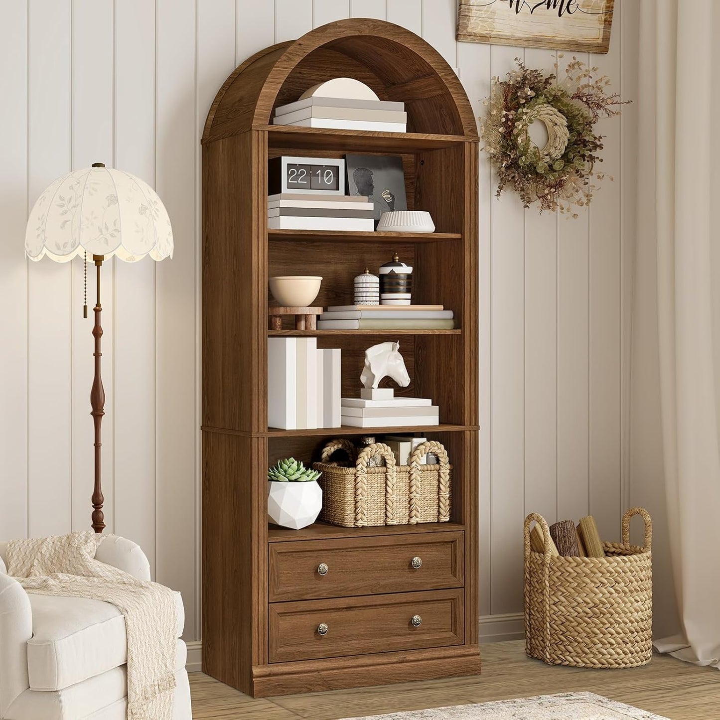 GoFurnitureHub 7-Tier Farmhouse Arched Bookshelf – Walnut Bookcase with 2 Drawers & Storage Cabinet