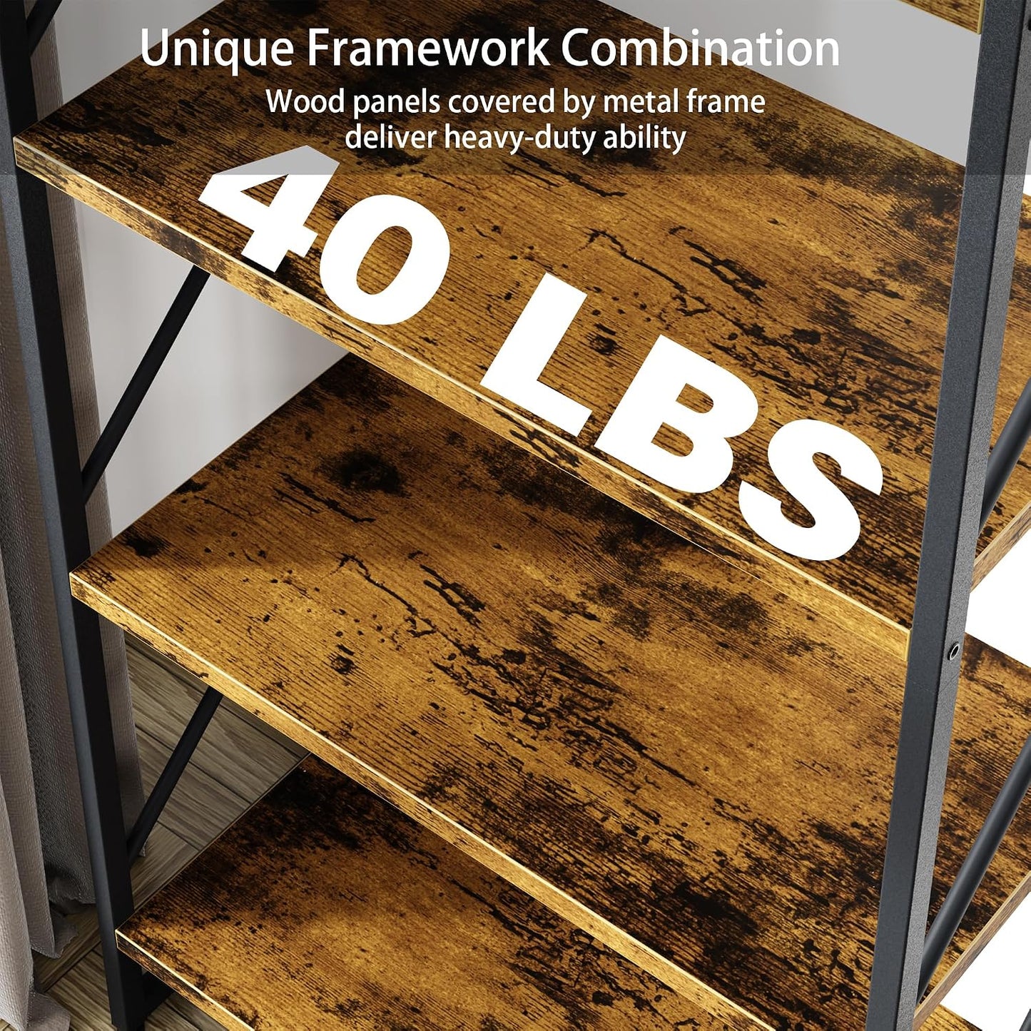 GoFurnitureHub Industrial 5-Tier Bookshelf Set of 2 – Rustic Brown Metal & Wood Display Shelves