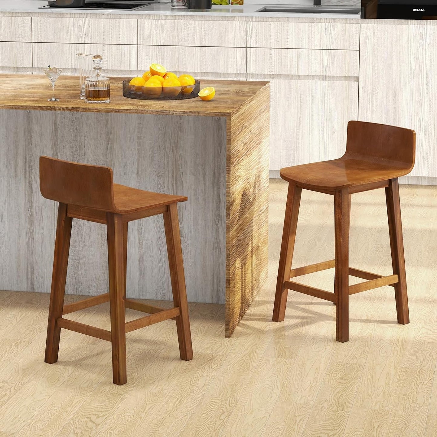 GoFurnitureHub 24.5" Counter Height Bar Stools Set of 2 – Farmhouse Wooden Bar Chairs with Low Back & Footrest, Brown