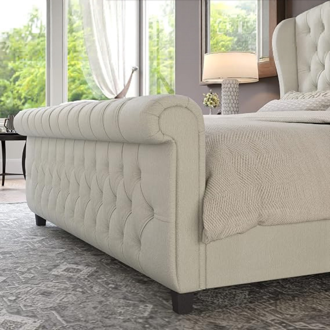 GoFurnitureHub King Upholstered Sleigh Platform Bed with Wingback Headboard Button Tufted Wood Slat Support Cream Chenille