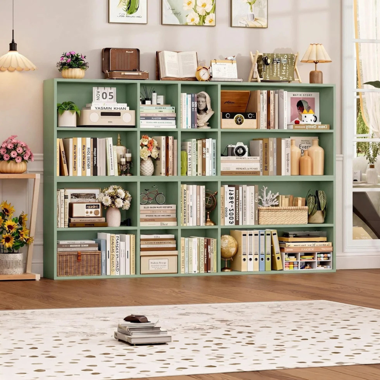 GoFurnitureHub 71" Tall 7-Tier Double Wide Bookshelf – 14-Cube Green Bookcase with Adjustable Shelves