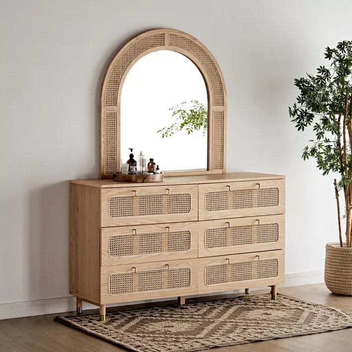 Harper Natural Wood Cane Dresser with Matching Mirror