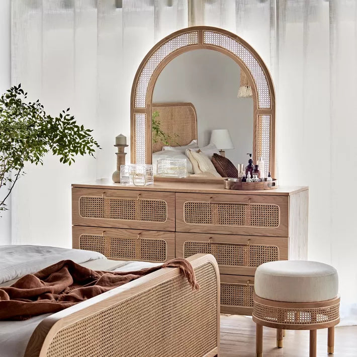 Harper Natural Wood Cane Dresser with Matching Mirror
