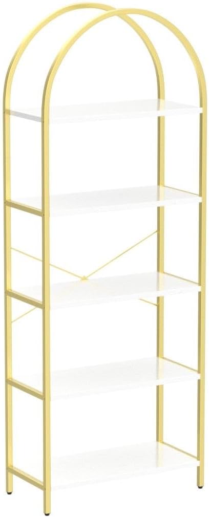 GoFurnitureHub 5-Tier Arched Bookshelf – White & Gold Modern Metal Display Bookcase for Living Room & Home Office