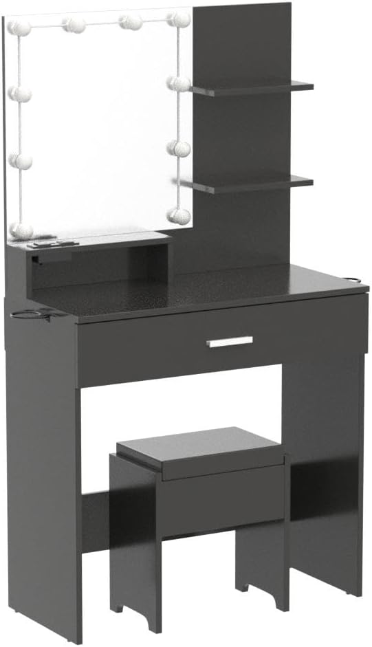 GoFurnitureHub Small Black Vanity Desk with LED Mirror, Storage Chair & Power Outlet – Makeup Vanity Set with Adjustable Lights