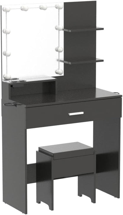 GoFurnitureHub Small Black Vanity Desk with LED Mirror, Storage Chair & Power Outlet – Makeup Vanity Set with Adjustable Lights
