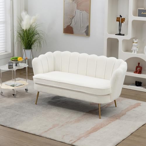GoFurnitureHub 59" Modern Bouclé Loveseat – Ivory 2-Seater Sofa with Gold Metal Legs