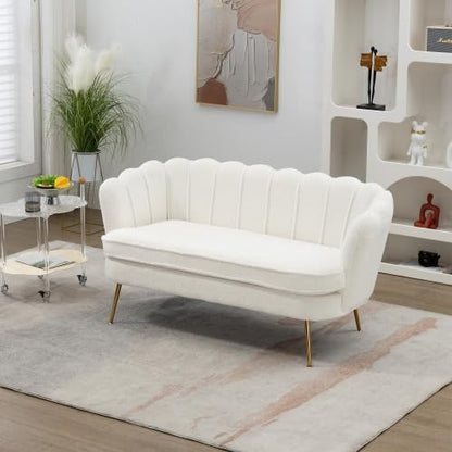 GoFurnitureHub 59" Modern Bouclé Loveseat – Ivory 2-Seater Sofa with Gold Metal Legs