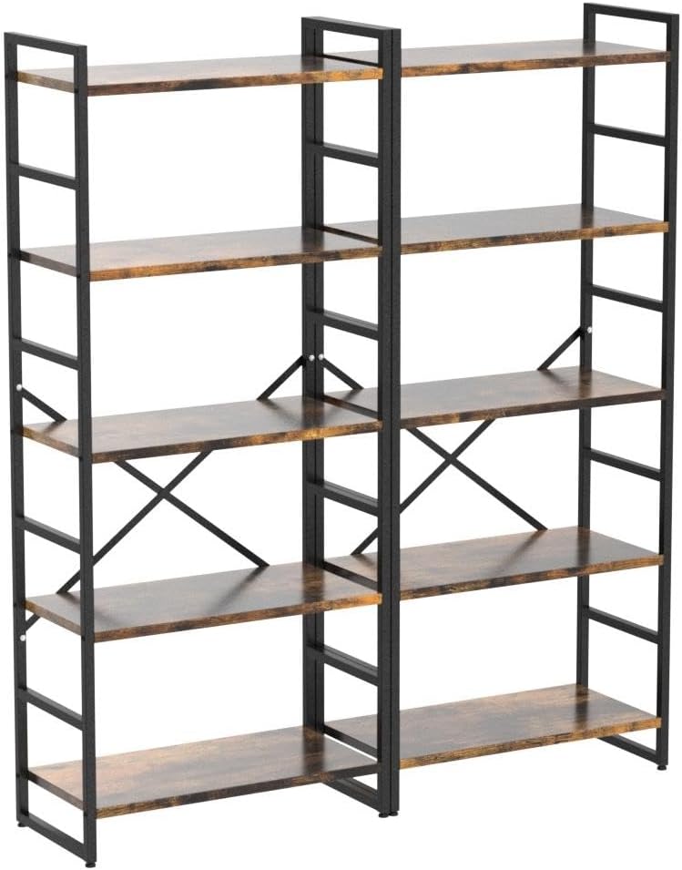GoFurnitureHub Industrial 5-Tier Bookshelf Set of 2 – Rustic Brown Metal & Wood Display Shelves