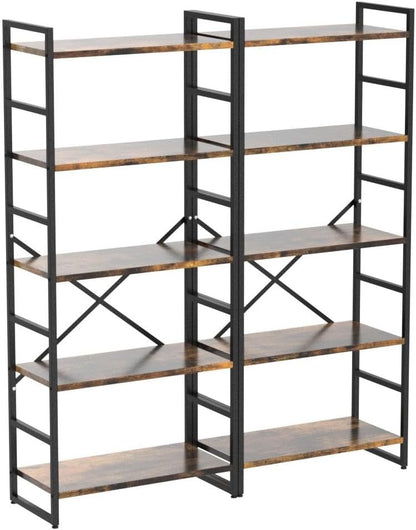 GoFurnitureHub Industrial 5-Tier Bookshelf Set of 2 – Rustic Brown Metal & Wood Display Shelves