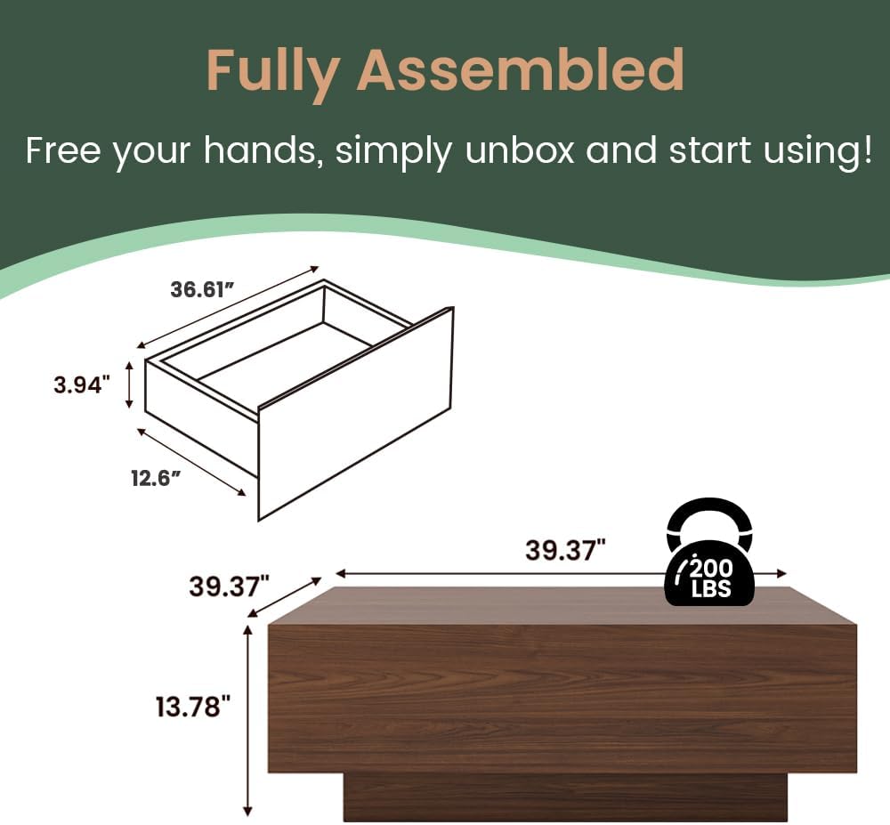 GoFurnitureHub 39.4" Modern Square Coffee Table – Walnut Wood Coffee Table with Hidden Storage