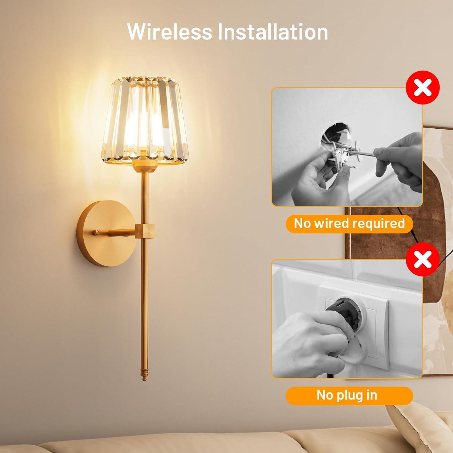 GoFurnitureHub Rechargeable – Gold Wireless RGB Dimmable Wall Lights with Remote, Set of 2