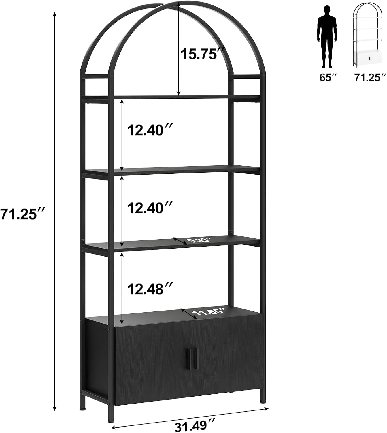 GoFurnitureHub 71" Arched Bookshelf with Storage Cabinet – Industrial 5-Tier Black Bookcase with Doors