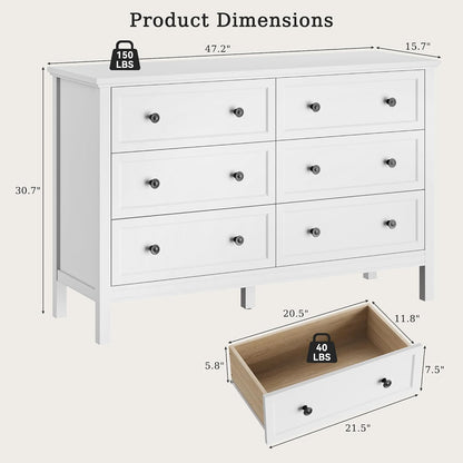 GoFurnitureHub 55" White 6-Drawer Dresser – Modern Wood Storage Chest with Metal Handles