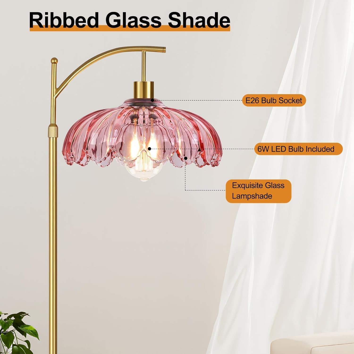 GoFurnitureHub Gold Arc Floor Lamp with Pink Glass Shade – Dimmable Mid-Century Modern Standing Lamp with Remote