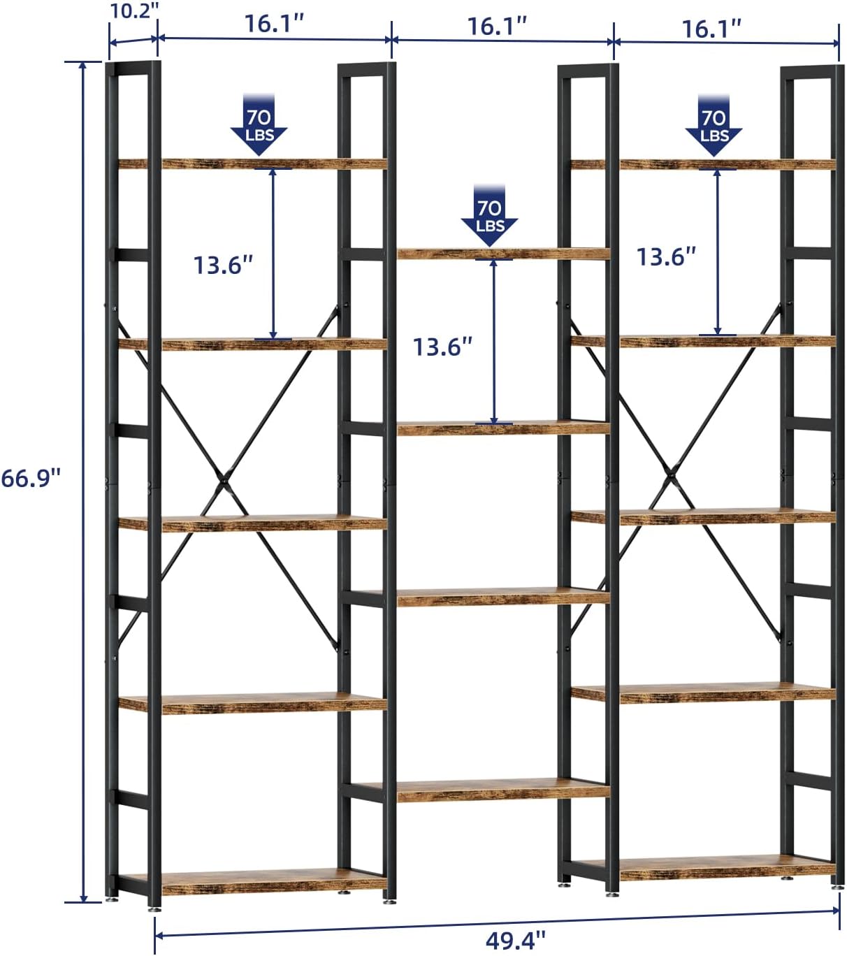 GoFurnitureHub Triple Column 5-Tier Bookcase – 14-Shelf Rustic Industrial Storage Bookshelf, Vintage