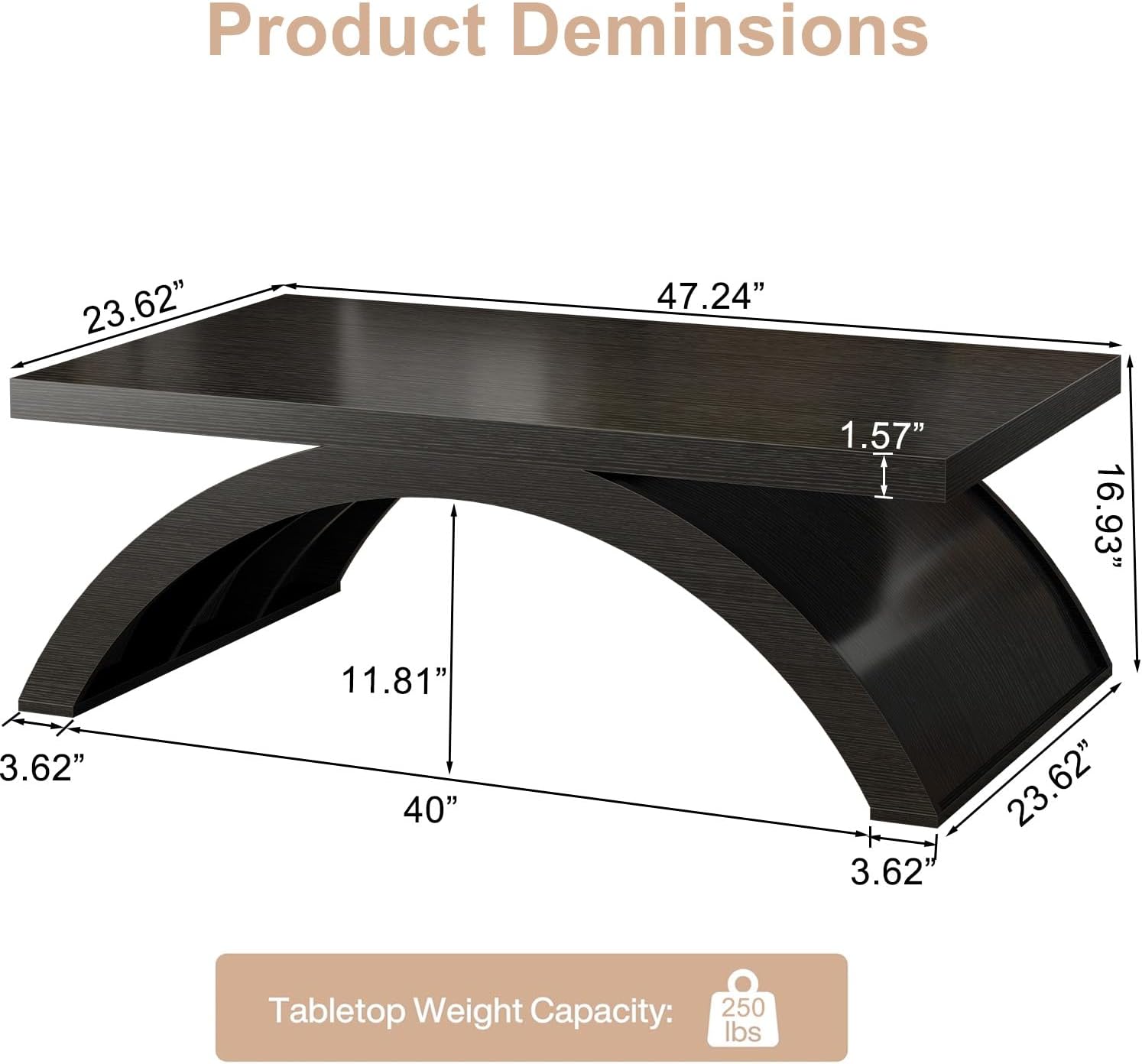 GoFurnitureHub 47" Modern Rectangular Coffee Table – Black Oak