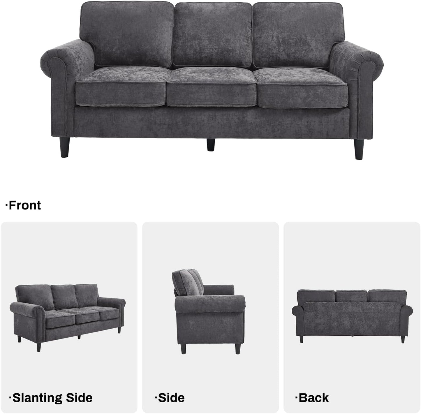 GoFurnitureHub Mid-Century Modern 3-Seater Sofa – Gray Upholstered Couch with Rolled Arms & Deep Seats