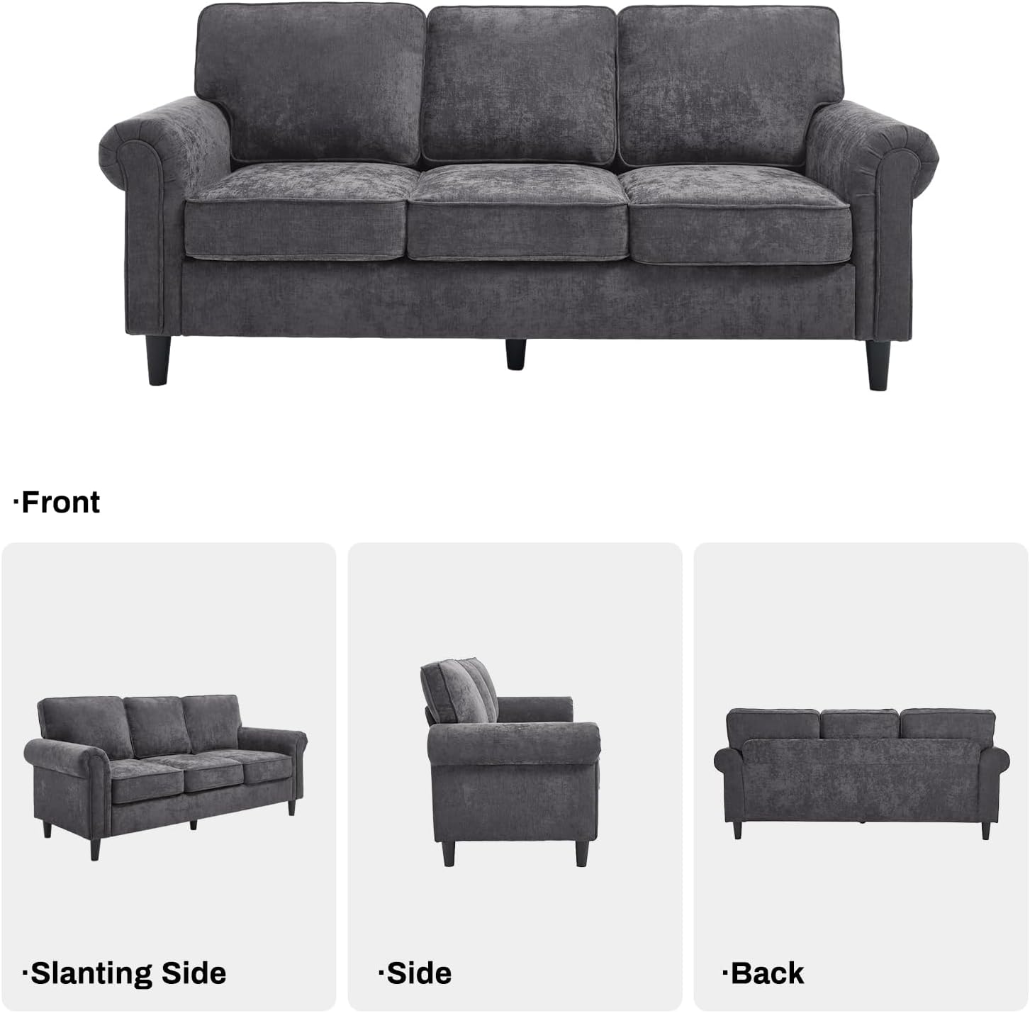 GoFurnitureHub Mid-Century Modern 3-Seater Sofa – Gray Upholstered Couch with Rolled Arms & Deep Seats