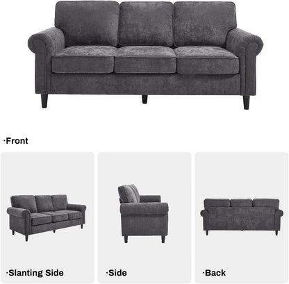 GoFurnitureHub Mid-Century Modern 3-Seater Sofa – Gray Upholstered Couch with Rolled Arms & Deep Seats