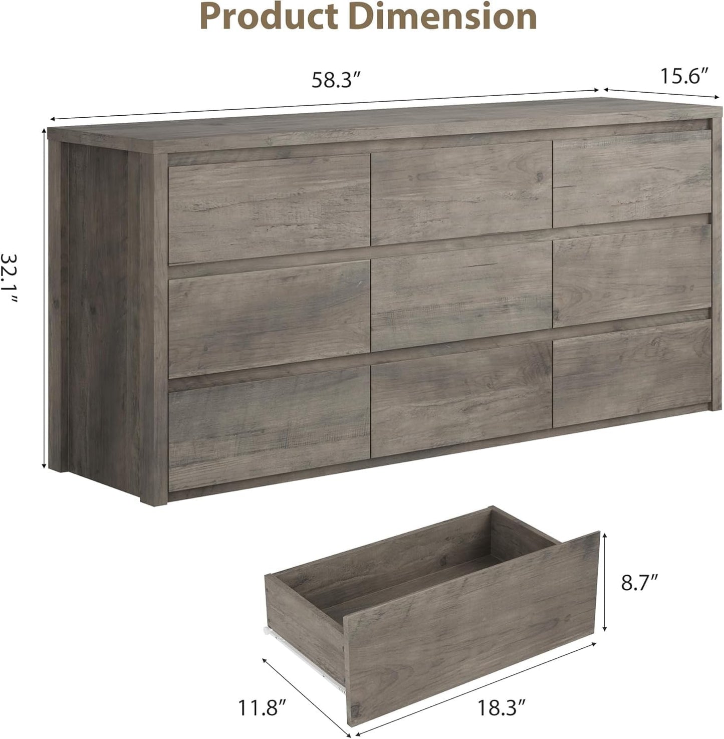 GoFurnitureHub 9-Drawer Wide Dresser – Modern Wood Storage Chest for Bedroom & Living Room