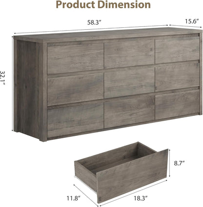 GoFurnitureHub 9-Drawer Wide Dresser – Modern Wood Storage Chest for Bedroom & Living Room