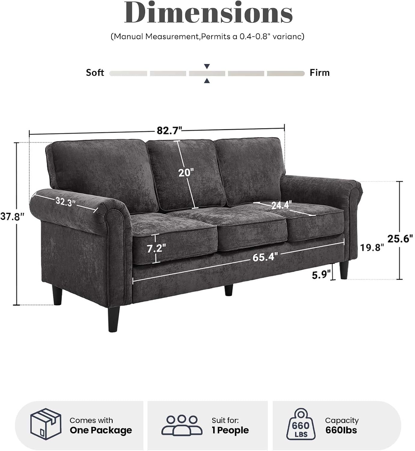 GoFurnitureHub Mid-Century Modern 3-Seater Sofa – Gray Upholstered Couch with Rolled Arms & Deep Seats