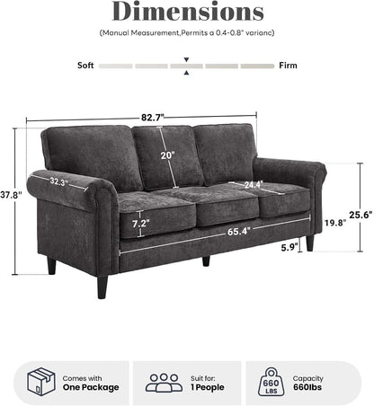 GoFurnitureHub Mid-Century Modern 3-Seater Sofa – Gray Upholstered Couch with Rolled Arms & Deep Seats