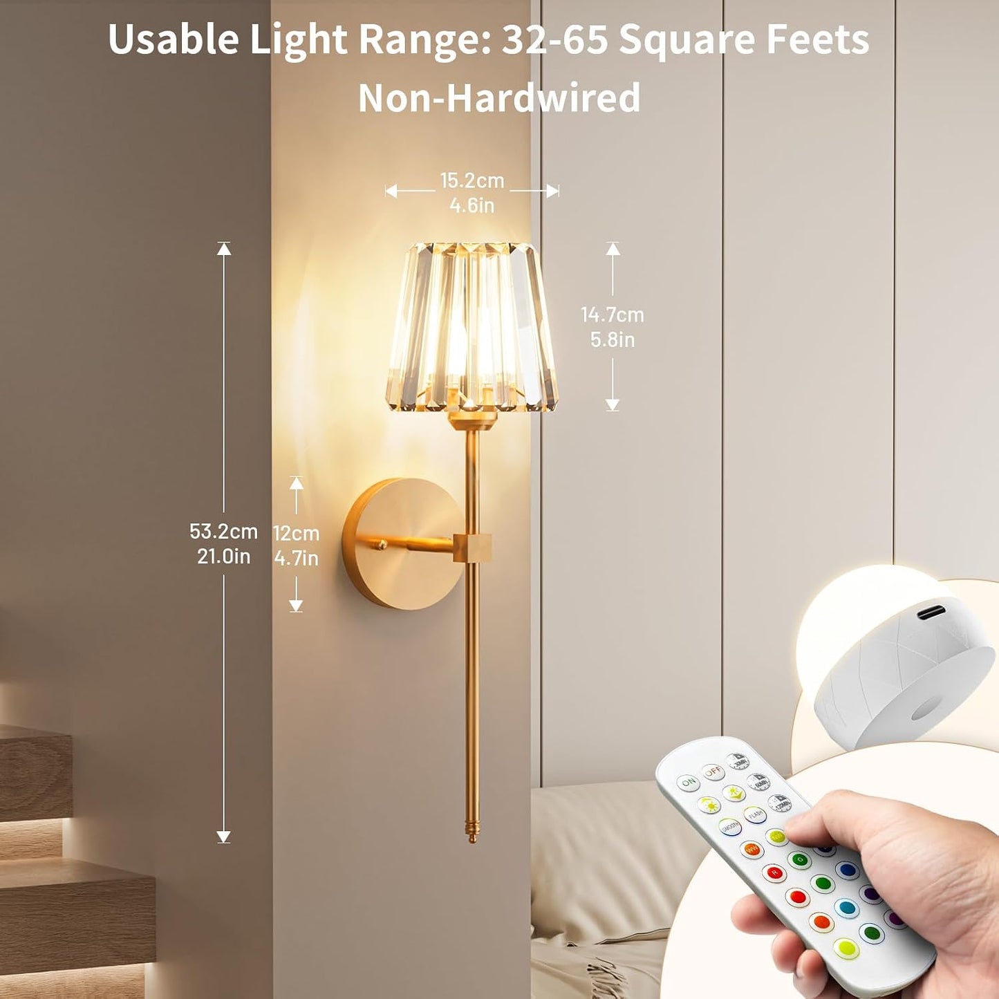 GoFurnitureHub Rechargeable – Gold Wireless RGB Dimmable Wall Lights with Remote, Set of 2