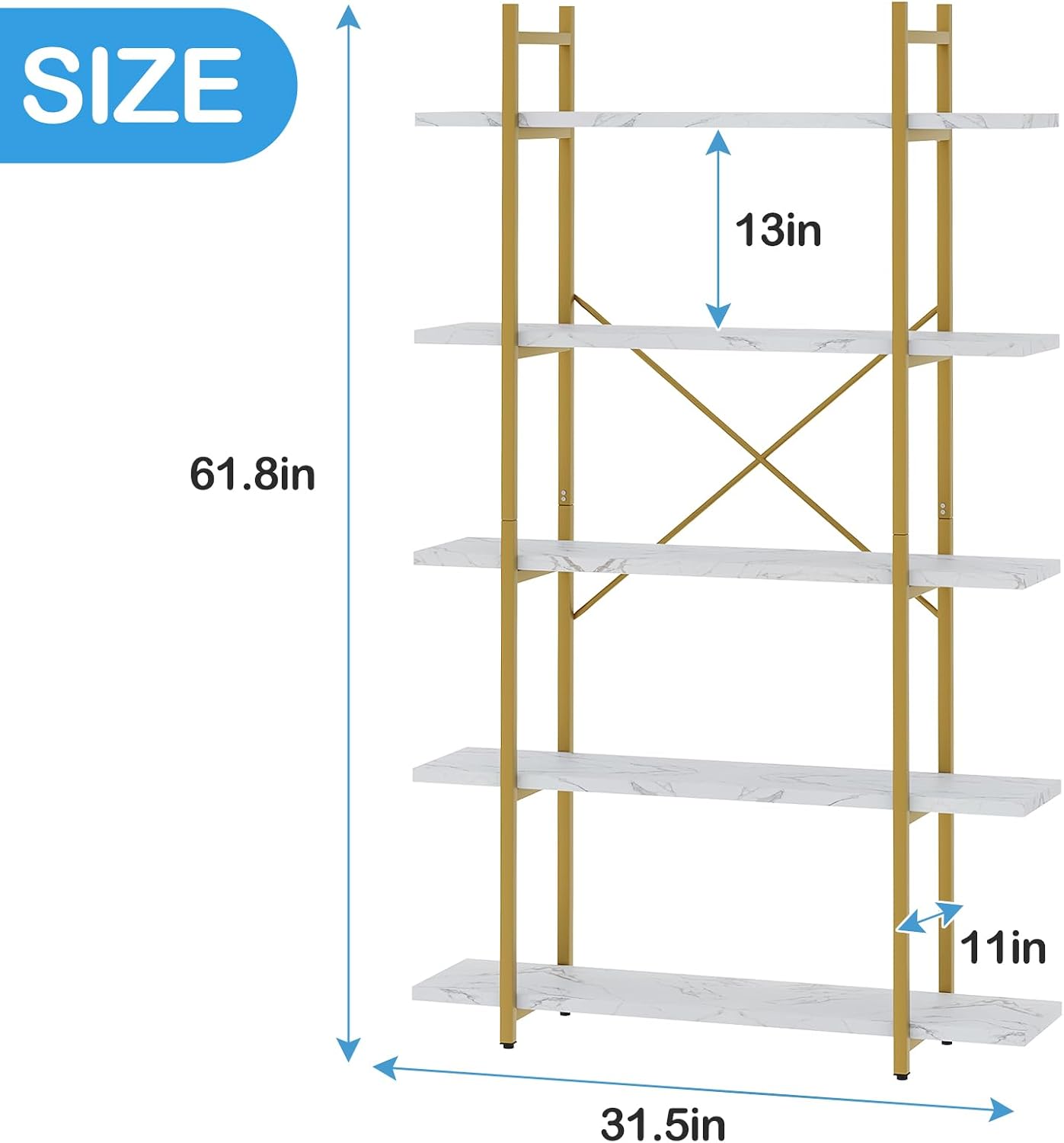 GoFurnitureHub 5-Tier Modern Bookcase with White Faux Marble Shelves