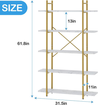 GoFurnitureHub 5-Tier Modern Bookcase with White Faux Marble Shelves