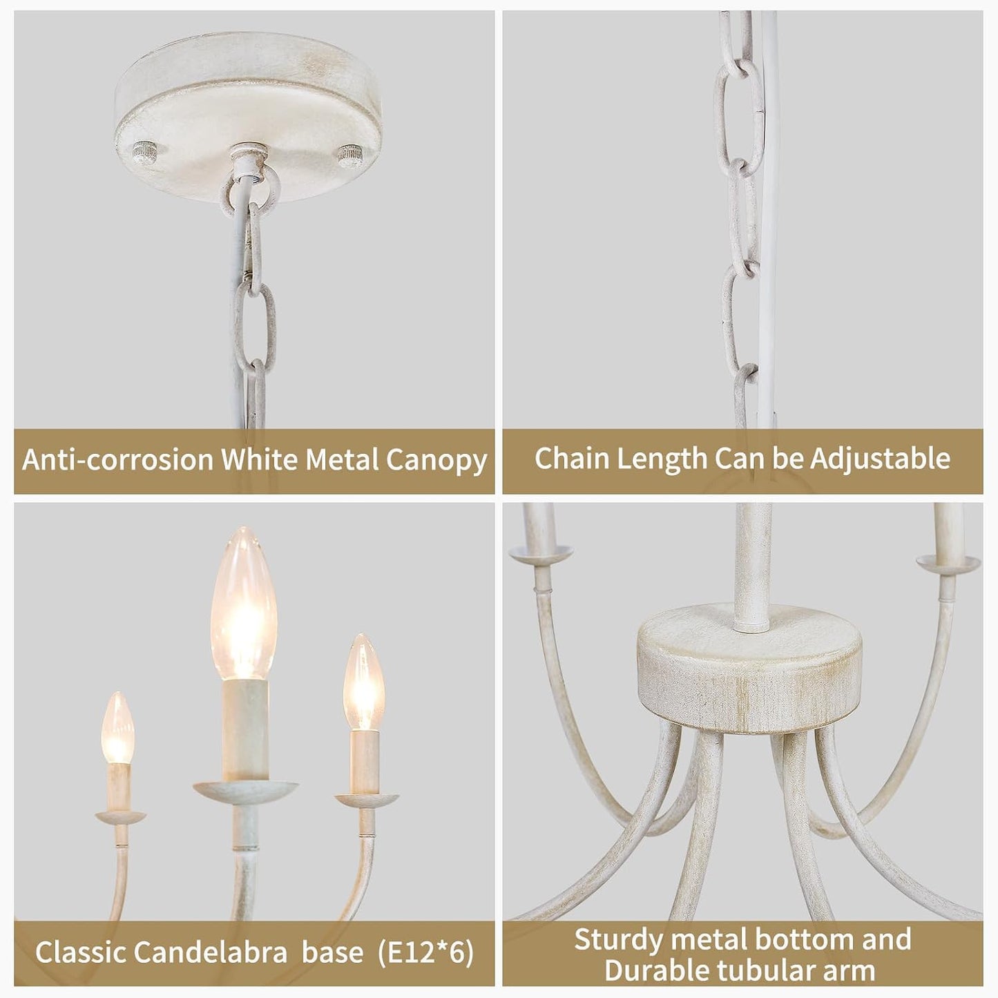 GoFurnitureHub 26" French Country 6-Light Farmhouse Chandelier – Antique White Candle Ceiling Light