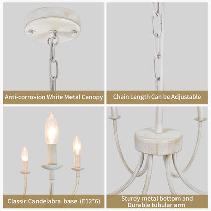 GoFurnitureHub 26" French Country 6-Light Farmhouse Chandelier – Antique White Candle Ceiling Light