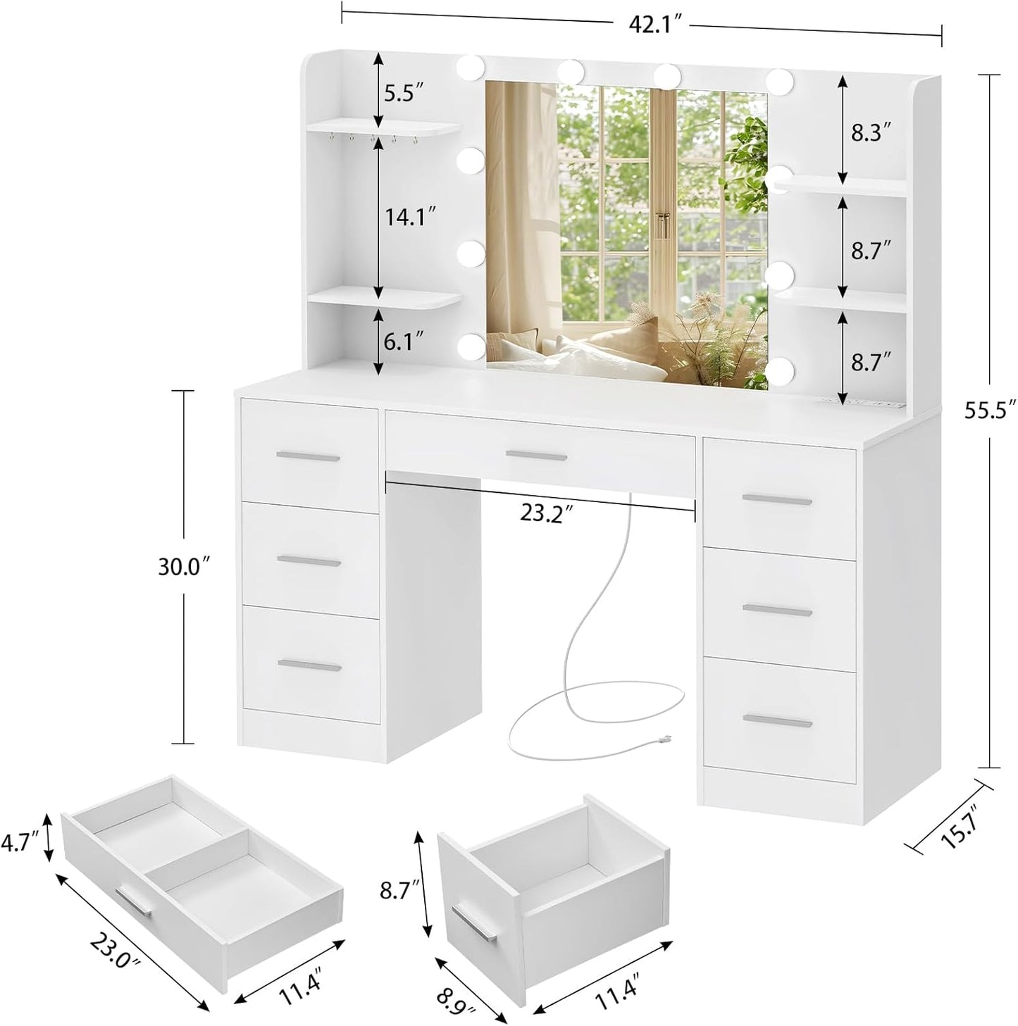 GoFurnitureHub Large White Vanity Desk with LED Mirror & Power Outlet – Makeup Table with 7 Drawers, 4 Shelves & 5 Hooks
