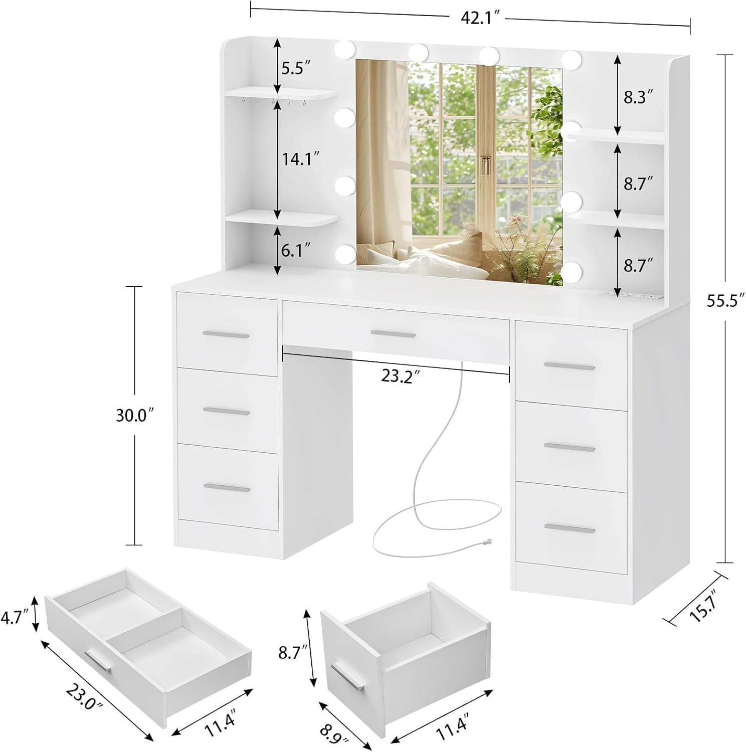 GoFurnitureHub Large White Vanity Desk with LED Mirror & Power Outlet – Makeup Table with 7 Drawers, 4 Shelves & 5 Hooks