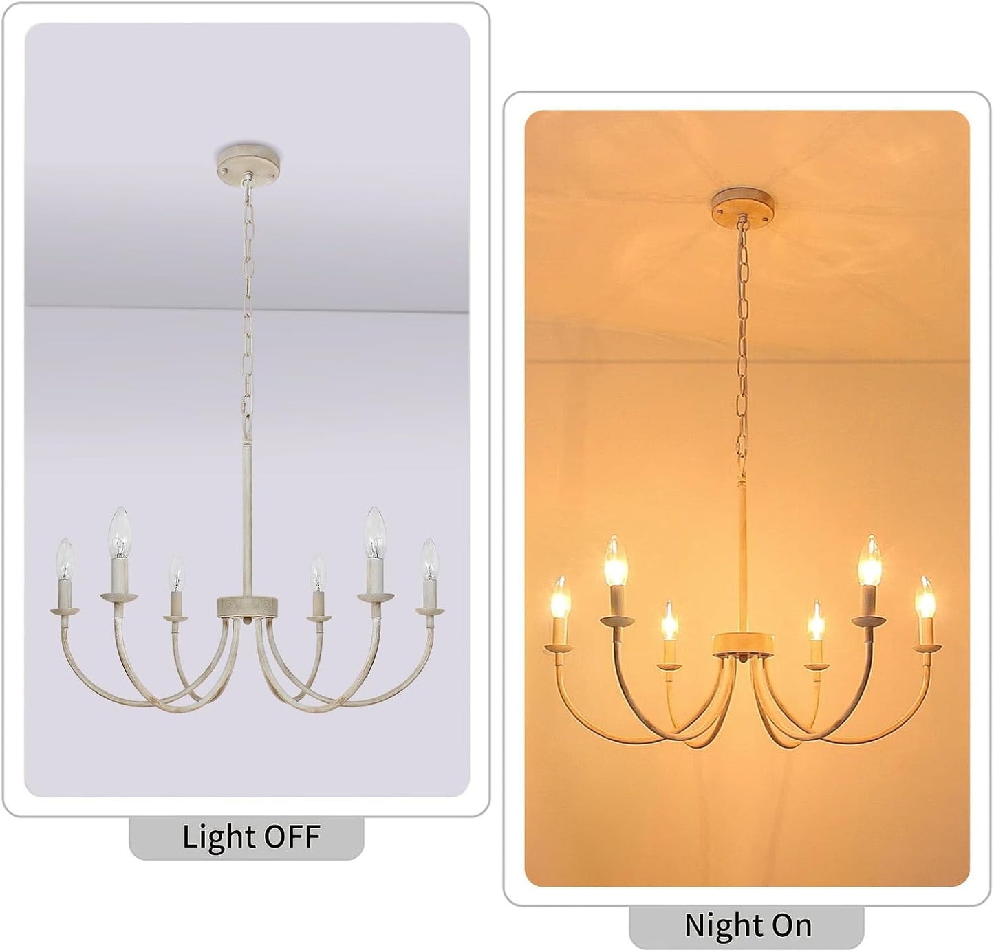 GoFurnitureHub 26" French Country 6-Light Farmhouse Chandelier – Antique White Candle Ceiling Light