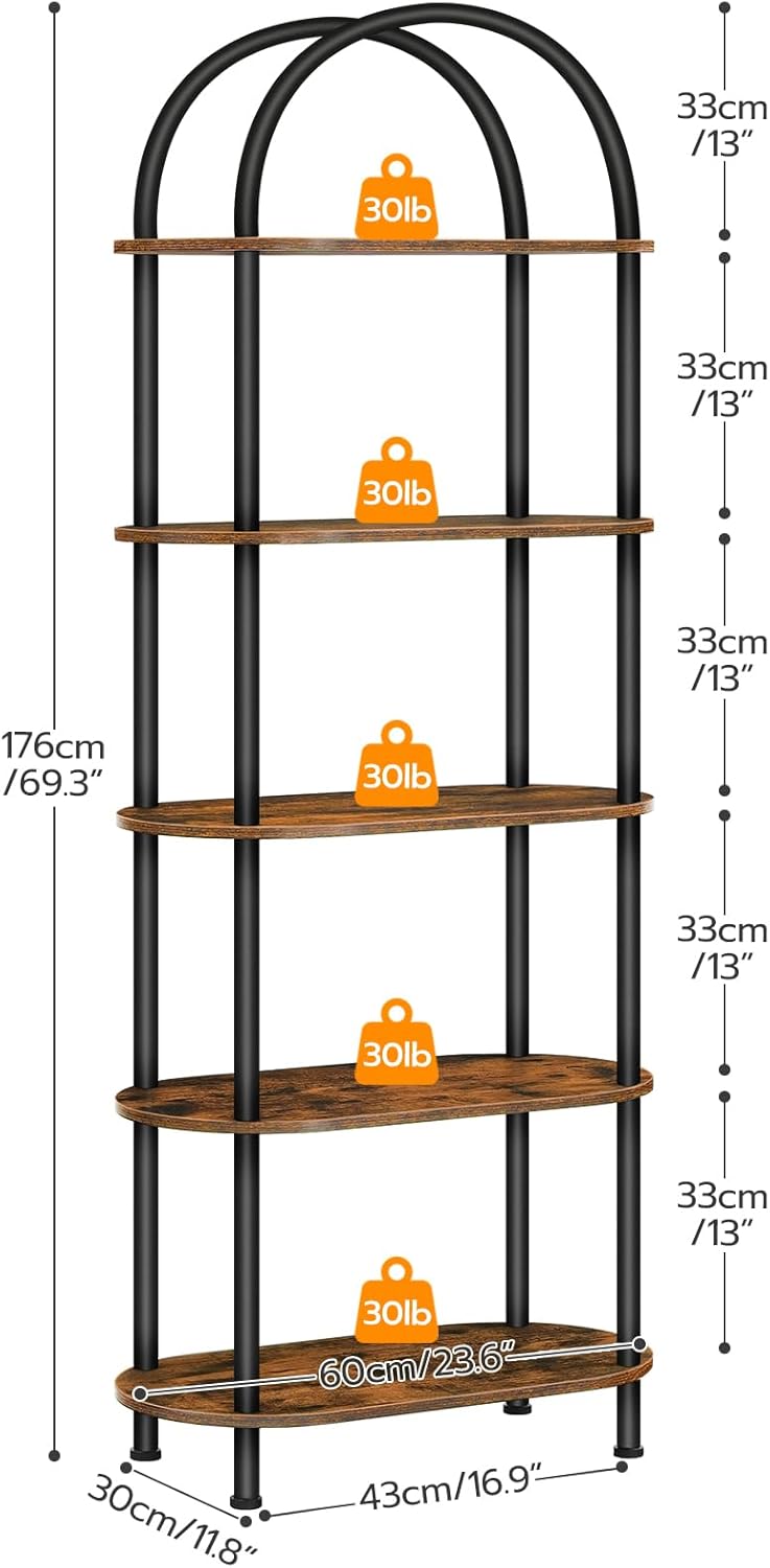 GoFurnitureHub 5-Tier Arched Bookcase – Industrial Wood & Metal Display Shelf, Rustic Brown