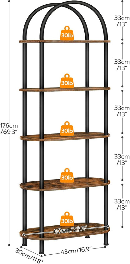 GoFurnitureHub 5-Tier Arched Bookcase – Industrial Wood & Metal Display Shelf, Rustic Brown