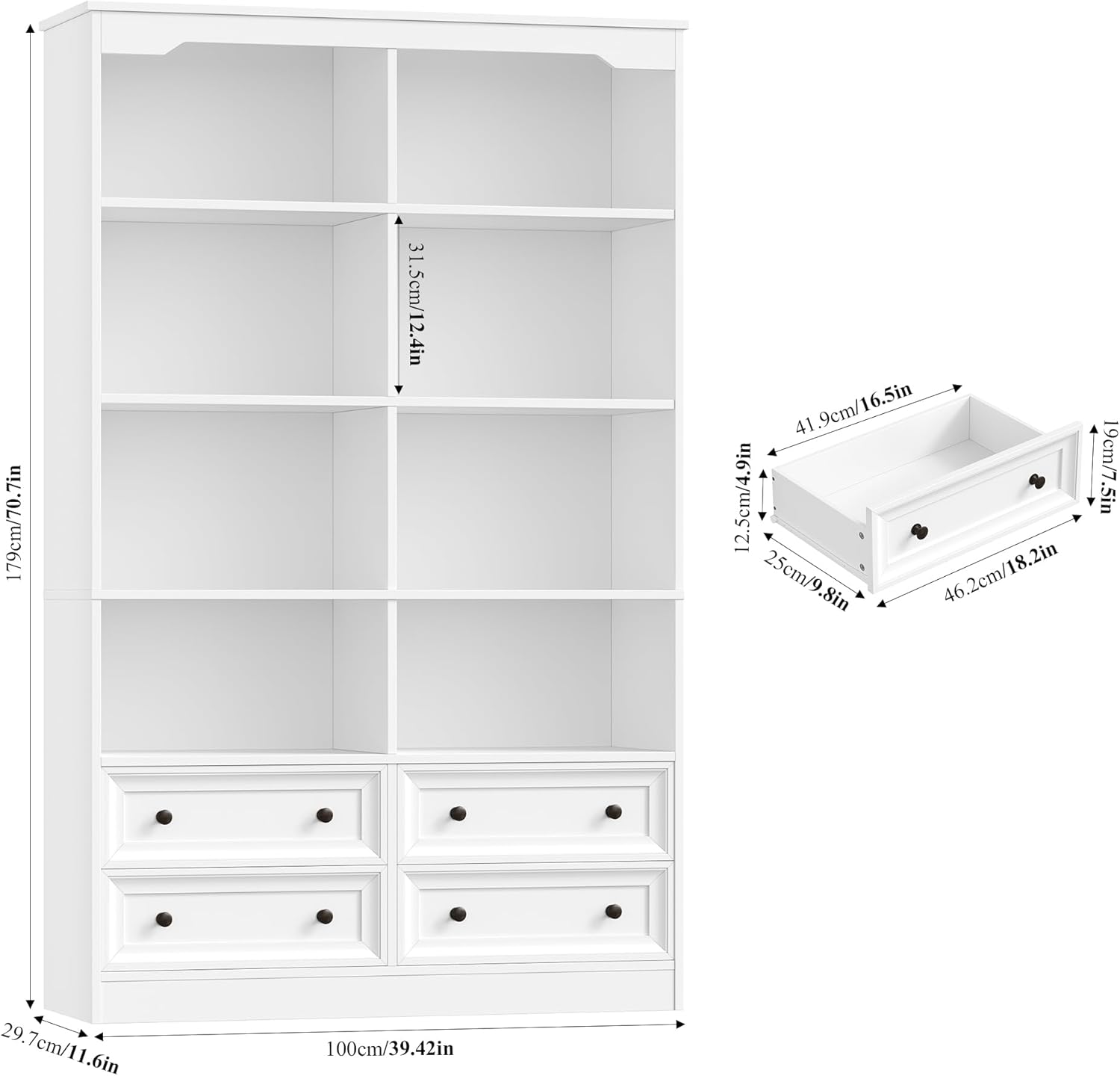GoFurnitureHub 71" Double Wide 6-Tier Bookcase with 4 Drawers – Modern White Storage Bookshelf