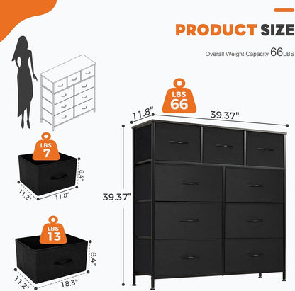 GoFurnitureHub 9-Drawer Fabric Dresser – Storage Tower with Wood Top & Steel Frame, Classic Black